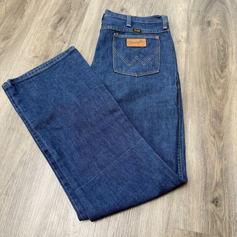 Vintage 70s Wrangler Mens Cowboy Cut Dark Wash Indigo Denim Jeans Made in USA